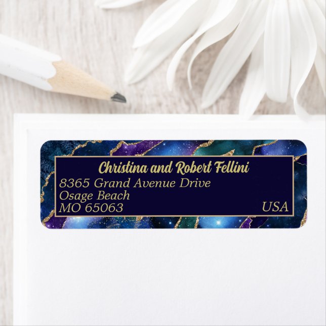 Étiquette Géodes et galaxies bleu violet vert (En situation)