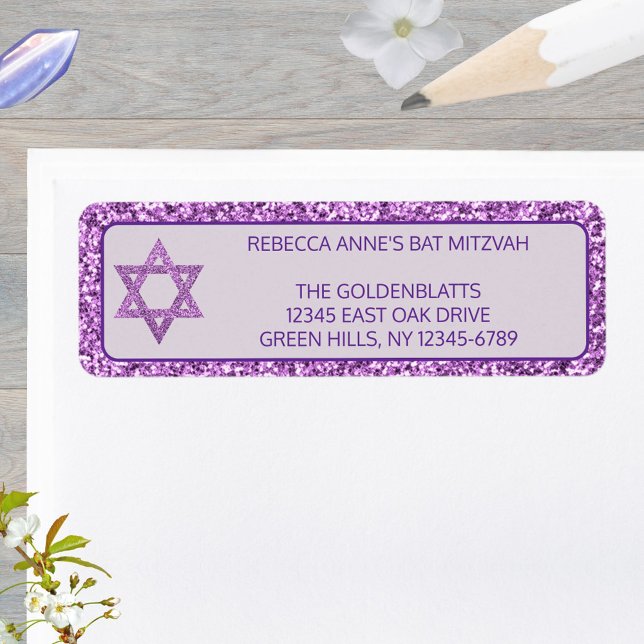 Étiquette Glam Purple Élégante Étoile De David Bat mitzvah (These purple faux glitter Bat Mitzvah return address labels are easy to personalize)