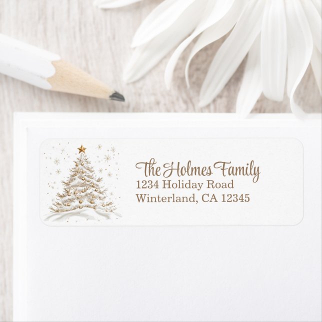 Étiquette Gold and White Christmas Tree Return Address (En situation)