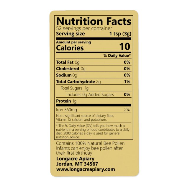Étiquette Gold Bee Pollen Nutrition Facts Food (Devant)