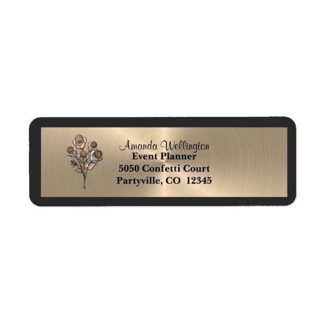Étiquette Gold & Black Floral Roses Return Address Label (Devant)