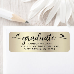 Étiquette Gold Black Graduation Script Coeurs Adresse modern