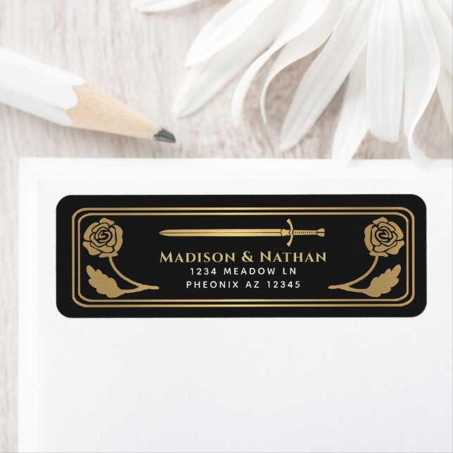 Étiquette Gold Black Medieval Fantasy Sword Wedding Label (En situation)
