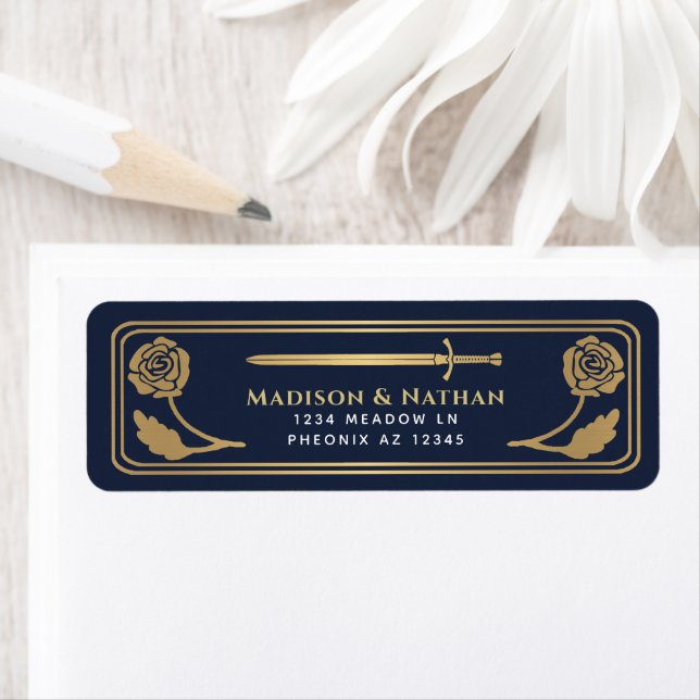 Étiquette Gold Blue Medieval Fantasy Sword Wedding Label (En situation)