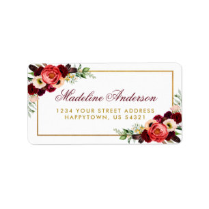 Étiquette Gold Burgundy Floral Boho Adresse Mariage