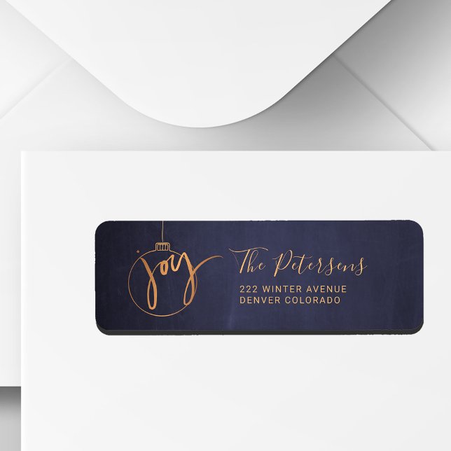 Étiquette Gold Christmas Tree Globe Joie Script sur Navy Blu (Créateur téléchargé)