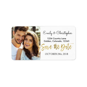 Étiquette Gold Foil Script Wedding Enregistrer la photo Date