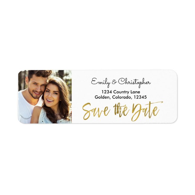Étiquette Gold Foil Script Wedding Enregistrer la photo Date (Devant)