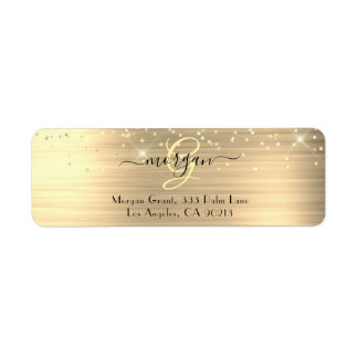 Étiquette Gold Glitter & Monogram, Black Script Name Address