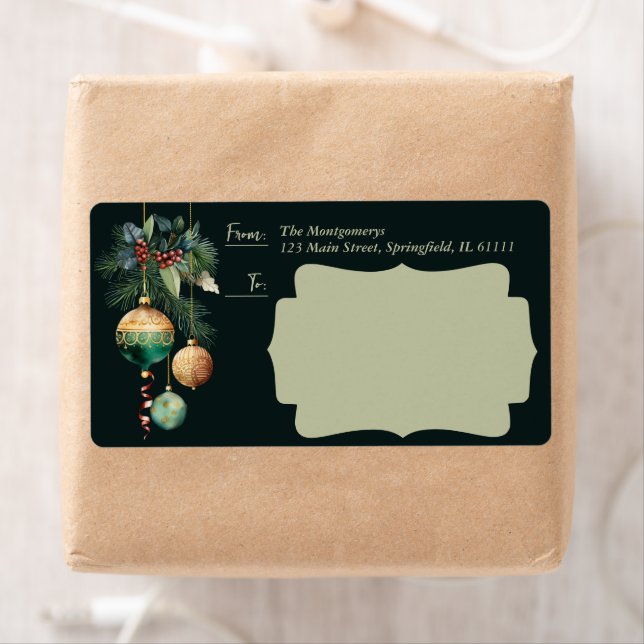 Étiquette Gold Green Christmas Ornaments Shipping (En situation)