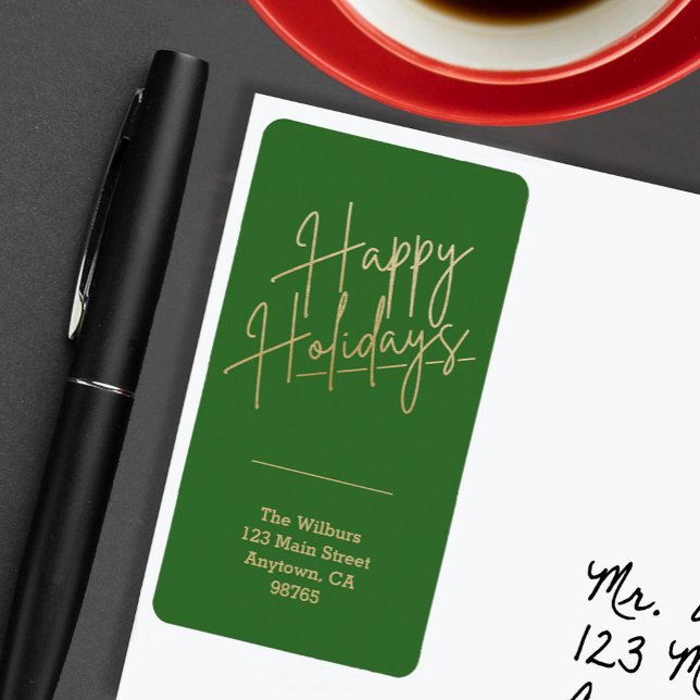 Étiquette Gold Happy Holidays Green Return Address (Gold script Happy Holidays on green vertical return address labels)
