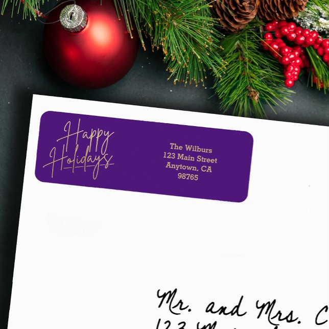 Étiquette Gold Happy Holidays Purple Return Address (Gold script Happy Holidays on small purple horizontal return address labels)