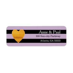 Étiquette Gold Heart Black & White Stripe Adresse de retour