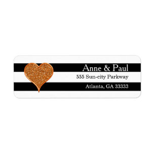 Étiquette Gold Heart Black & White Stripe Adresse de retour