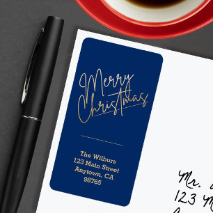 Étiquette Gold Joyeux Noël sur bleu Adresse de retour