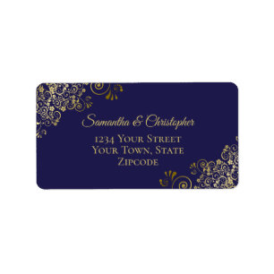 Étiquette Gold Lace Frills on Navy Blue Wedding Address
