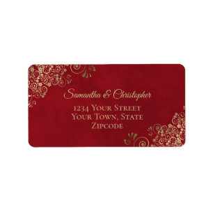 Étiquette Gold Lace Frills on Red Elegant Wedding Adresse