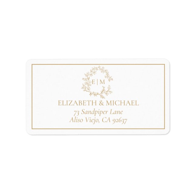 Étiquette Gold Leafy Crest Monogram Adresse Mariage (Devant)