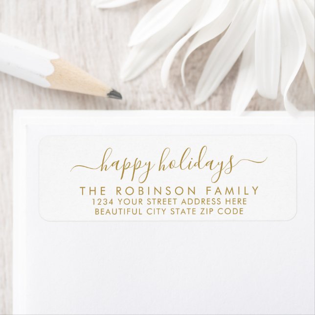 Étiquette Gold White Happy Holidays Script Return Adresse (En situation)
