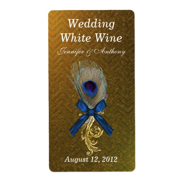 Étiquette Golden Chevron Peacock Feather Mariage Mini vin (Devant)