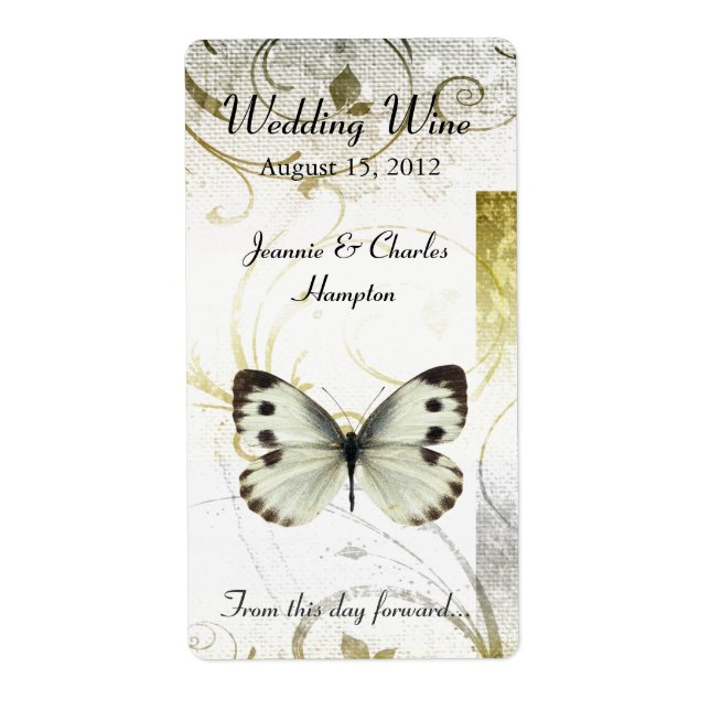 Étiquette Golden Flouring & Butfly Mariage Mini vin (Devant)