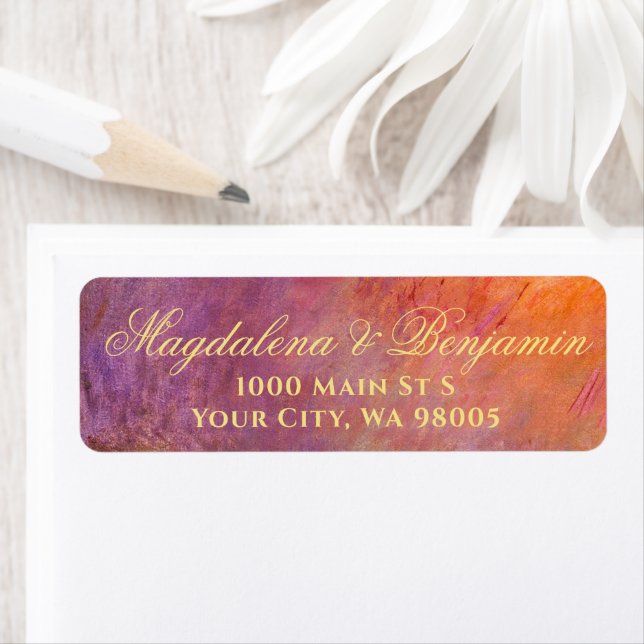 Étiquette Golden Orange Purple Sunset Sky Monet Art Wedding (En situation)