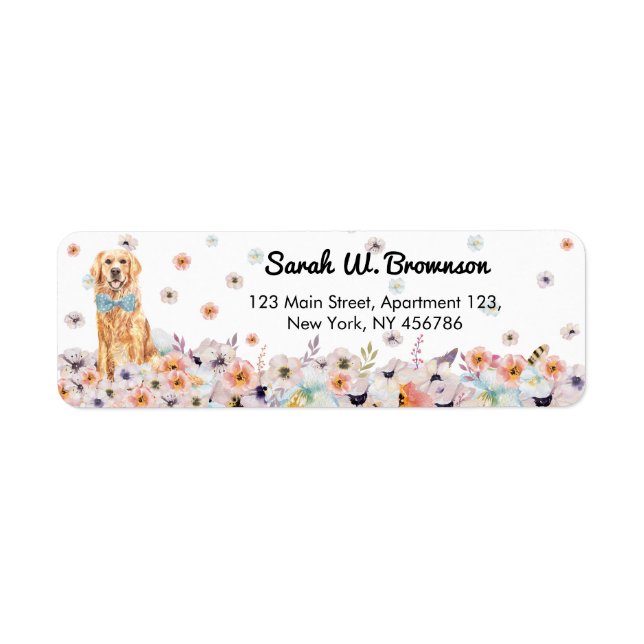 Étiquette Golden Retriever Chien bowtie et fleurs de printem (Devant)