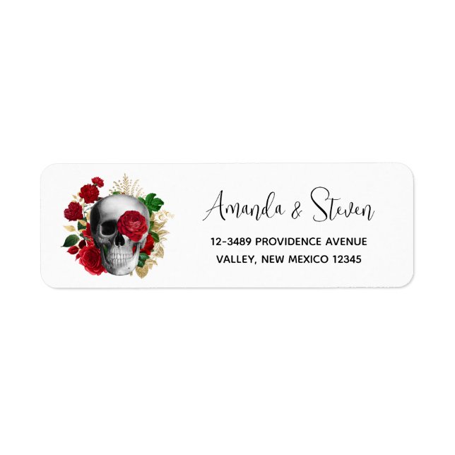 Étiquette Goth Crâne avec Fleurs rouges et Feuilles d'or (Devant)