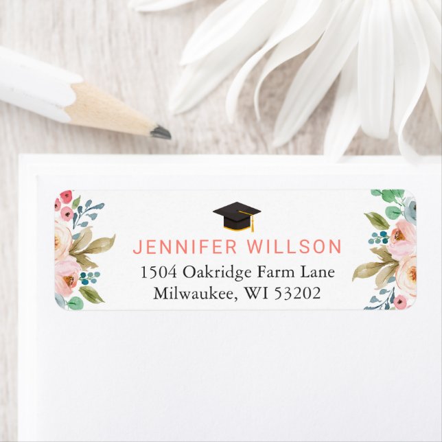Étiquette Graduate Casquette Graduation Aquarelle Chic Flora (En situation)