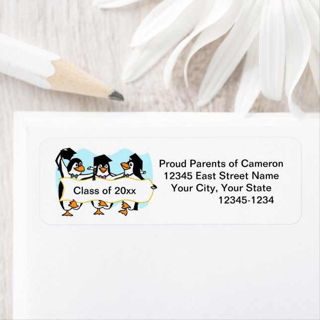 Étiquette Graduating Dancing Penguins w/Banner (En situation)