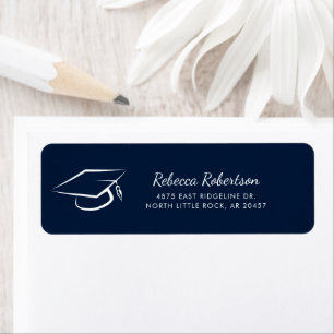 Étiquette Graduation 2025 Script Navy Blue Adresse de retour