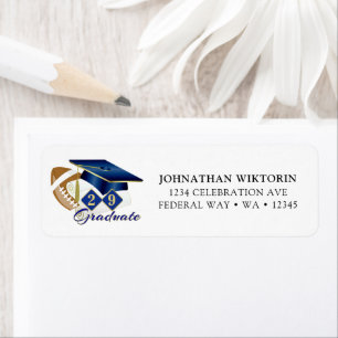 Étiquette Graduation Cap Blue Gold Football Adresse de retou