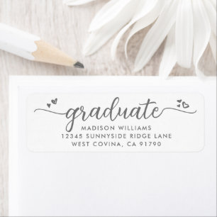 Étiquette Graduation Gris Blanc Script Coeurs Adresse modern