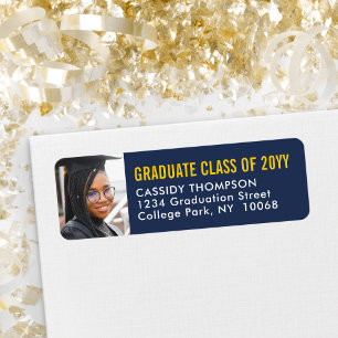 Étiquette Graduation Photo Marine Blue and Gold Adresse de r