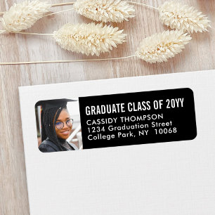 Étiquette Graduation Photo moderne noir blanc Adresse de ret