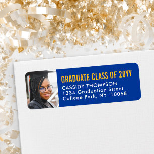 Étiquette Graduation Photo Royal Blue & Gold Adresse de reto