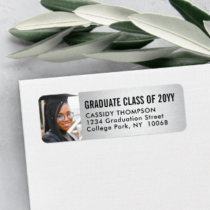 Étiquette Graduation Photo Silver Faux Foil Adresse de retou