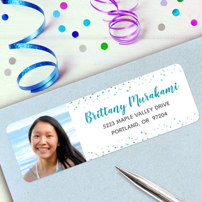 Étiquette Graduation photo turquoise script adresse moderne (Créateur téléchargé)