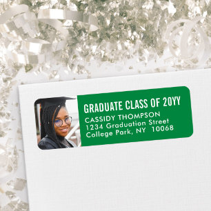Étiquette Graduation Photo Vert et Blanc Adresse de retour