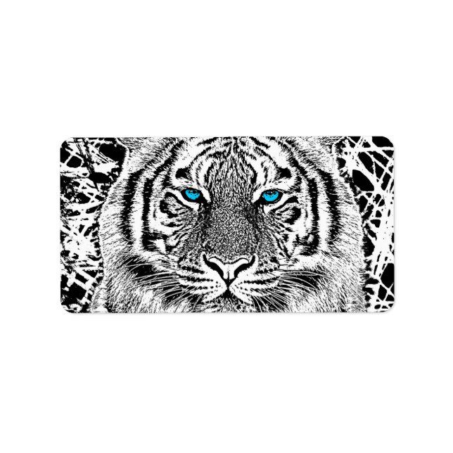 Étiquette Graphique de tigre noir et blanc aux yeux bleus (Devant)
