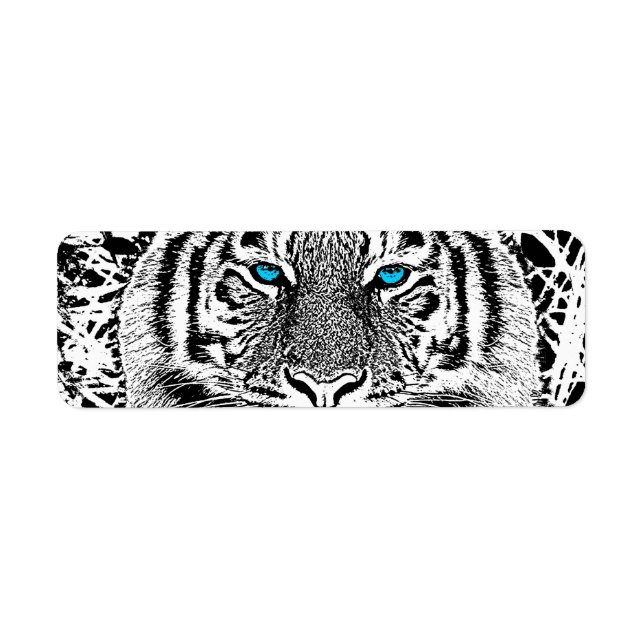 Étiquette Graphique noir et blanc de tigre d'yeux bleus (Devant)