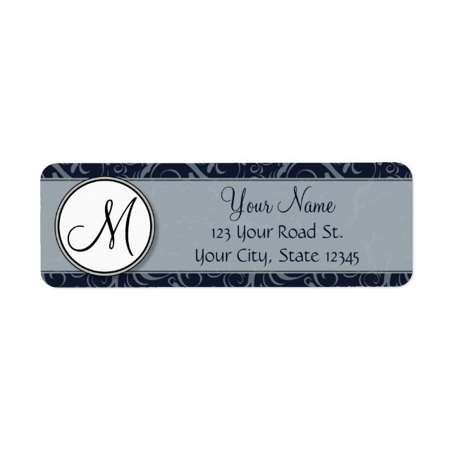 Étiquette Gray and Navy Floral Wisps & Stripes avec Monogram (Devant)