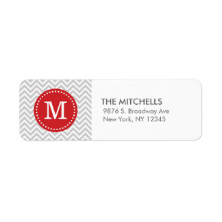Étiquette Gray and Red Chevron Monogram Adresse de retour