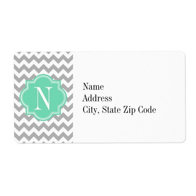 Étiquette Gray Chevron avec Monogramme de menthe (Devant)