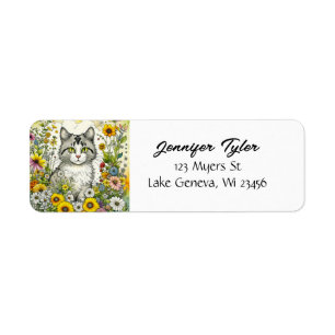 Étiquette Gray Kitty Chat assis en Fleurs