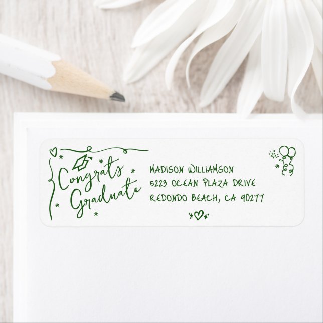 Étiquette Green Hand Drawn Doodle Graduation White Address (En situation)