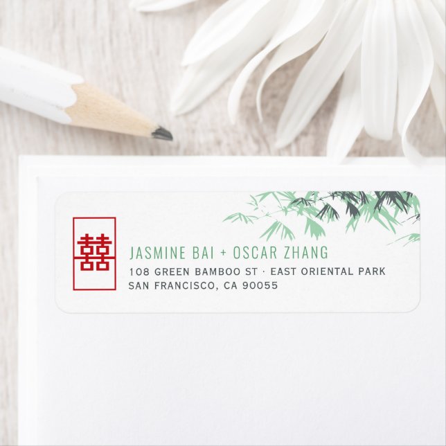 Étiquette Green Zen Bamboo Feuille Adresse du Mariage chinoi (En situation)