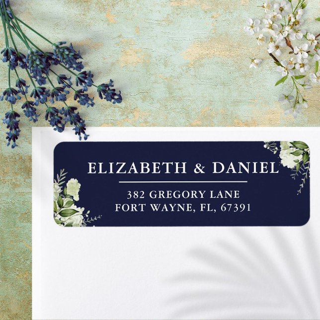 Étiquette Greenery Floral Navy Blue Mariage Adresse de retou (Greenery Floral Navy Blue Wedding Return Address Label)