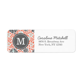 Étiquette Grey and Coral Floral Damask Adresse de retour