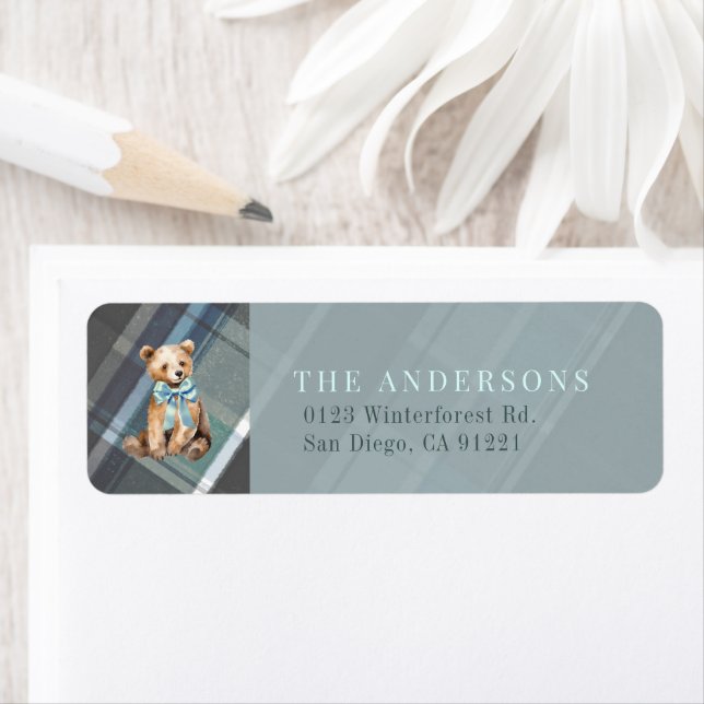Étiquette Grey & Blue Plaid Teddy Bear Bow Adresse de retour (En situation)